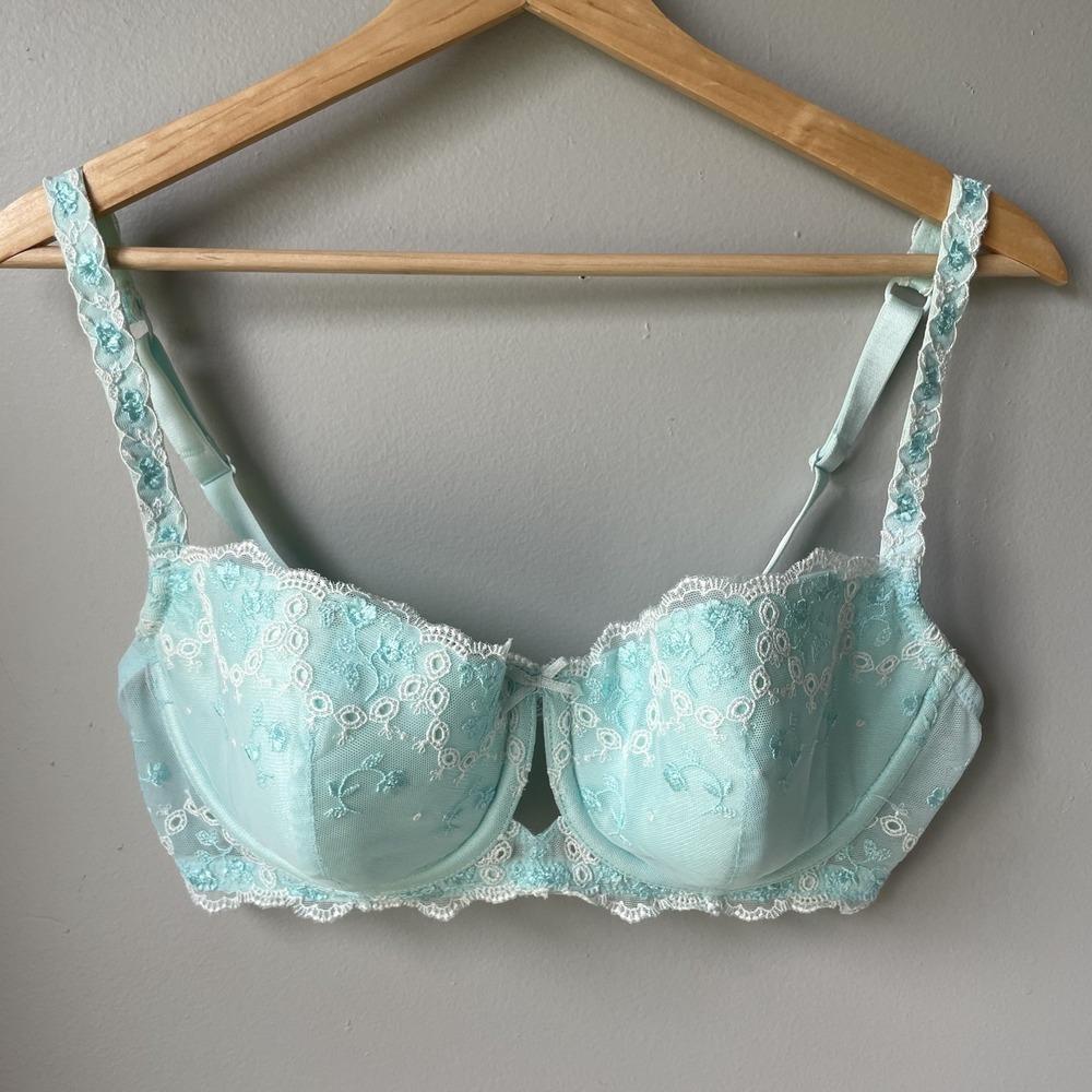 Ambrielle Lace Bra 36 D Womens Sexy Light Blue Floral Embroidered Underwire